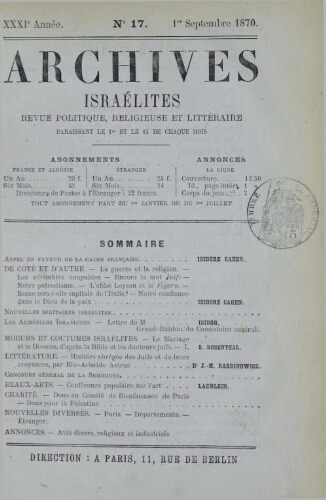 Archives israélites de France. Vol.31 N°17 (01 sept. 1870)